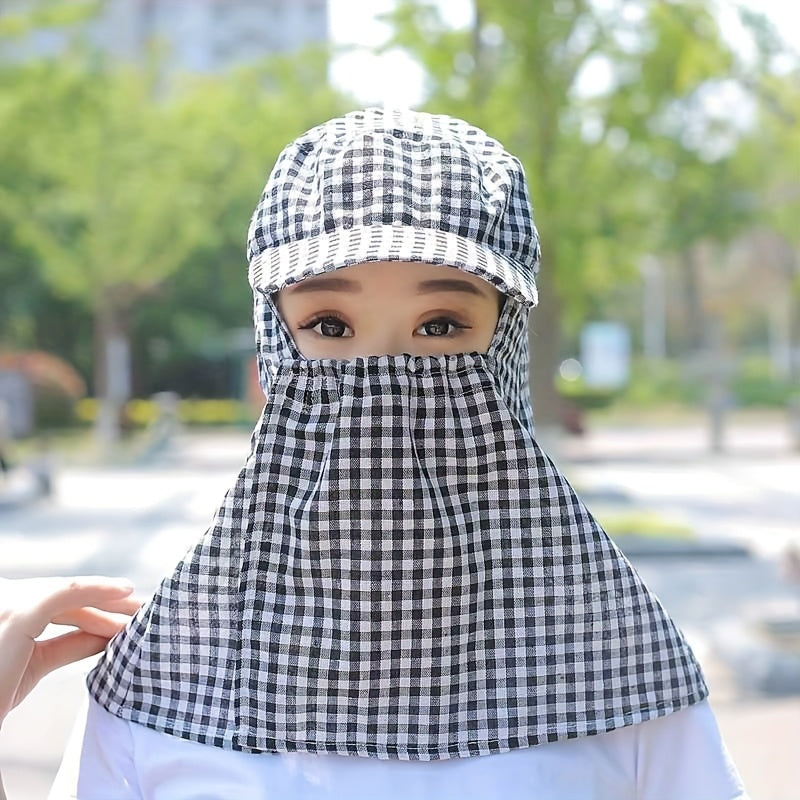 Integrated Hat and Face Mask for Outdoor Cycling - Lightweight, Non-Slip, Checkered Design with Clear Viewing Panel, Perfect for and Tea Gathering, Tea Gathering Hat | Checkered Pattern Hat | Lightweight Ha