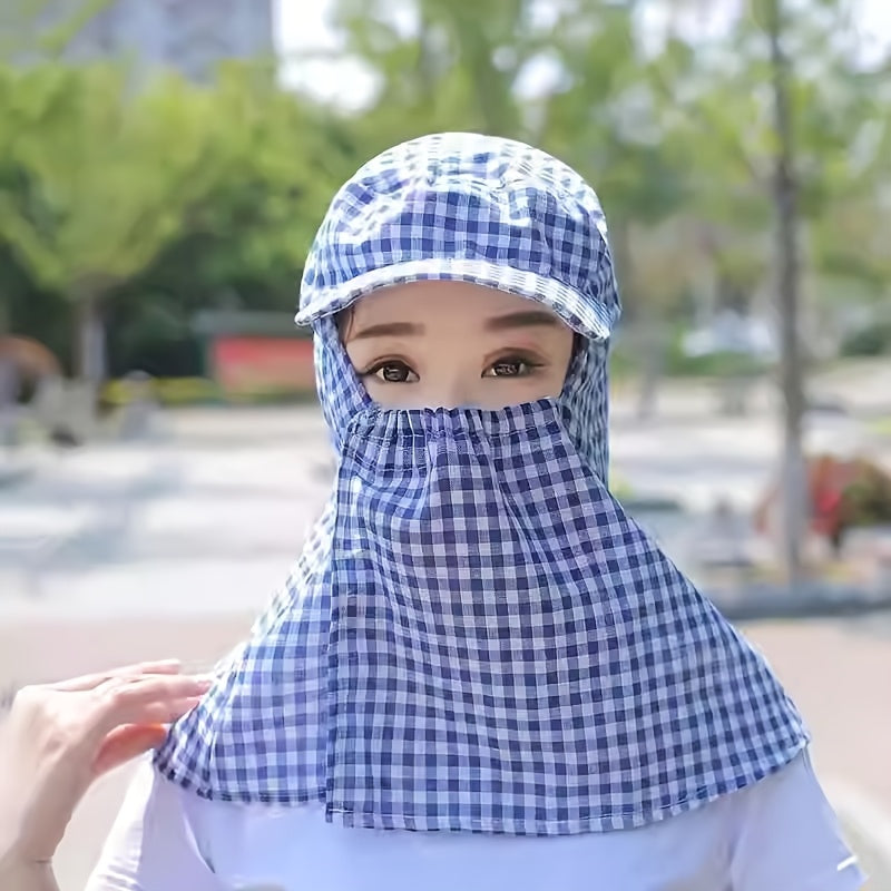 Integrated Hat and Face Mask for Outdoor Cycling - Lightweight, Non-Slip, Checkered Design with Clear Viewing Panel, Perfect for and Tea Gathering, Tea Gathering Hat | Checkered Pattern Hat | Lightweight Ha