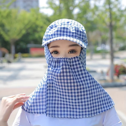 Integrated Hat and Face Mask for Outdoor Cycling - Lightweight, Non-Slip, Checkered Design with Clear Viewing Panel, Perfect for and Tea Gathering, Tea Gathering Hat | Checkered Pattern Hat | Lightweight Ha